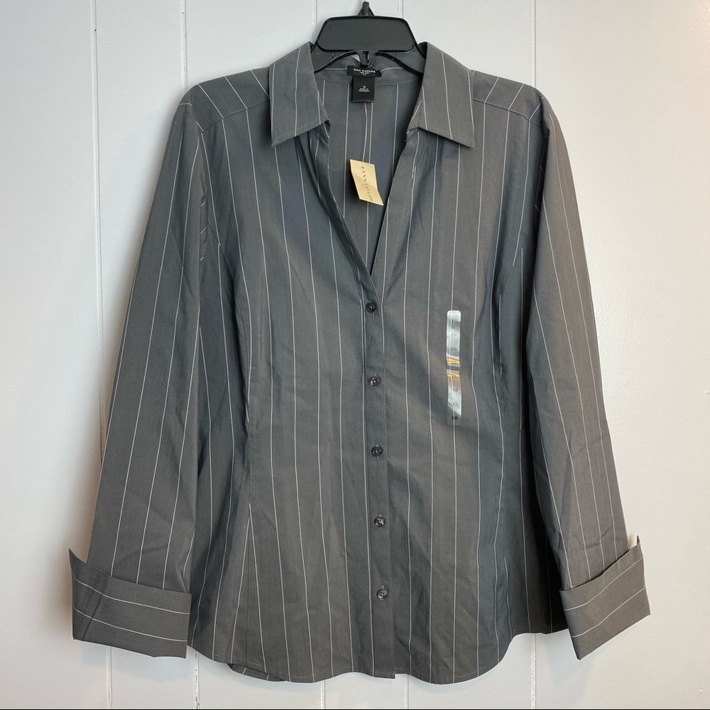 NWT Ann Taylor button down gray pinstripe blouse